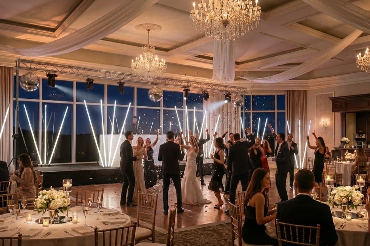 Wedding DJ event with diktakrom pixel lighting creating an immersive dance floor atmosphere