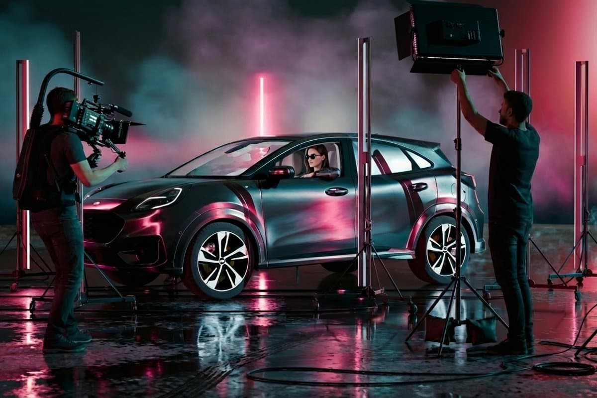 Professional film set using diktakrom PXP170 pixel profiles for cinematic car lighting