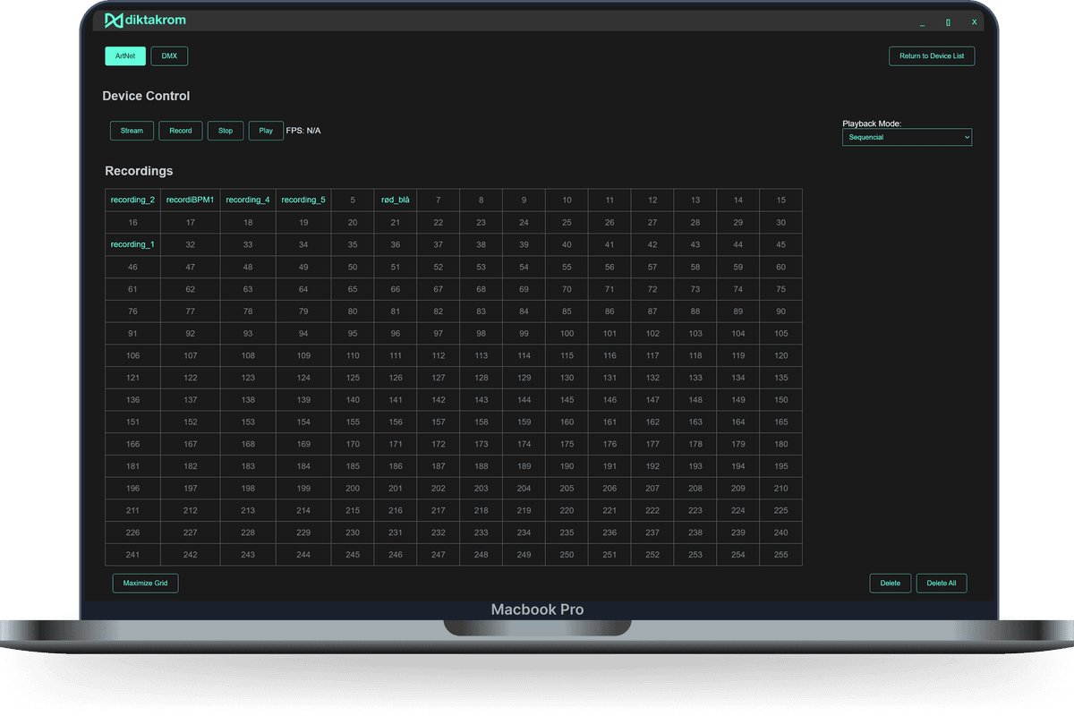 diktakrom PXM software running on MacBook Pro showing device control and recording launchpad