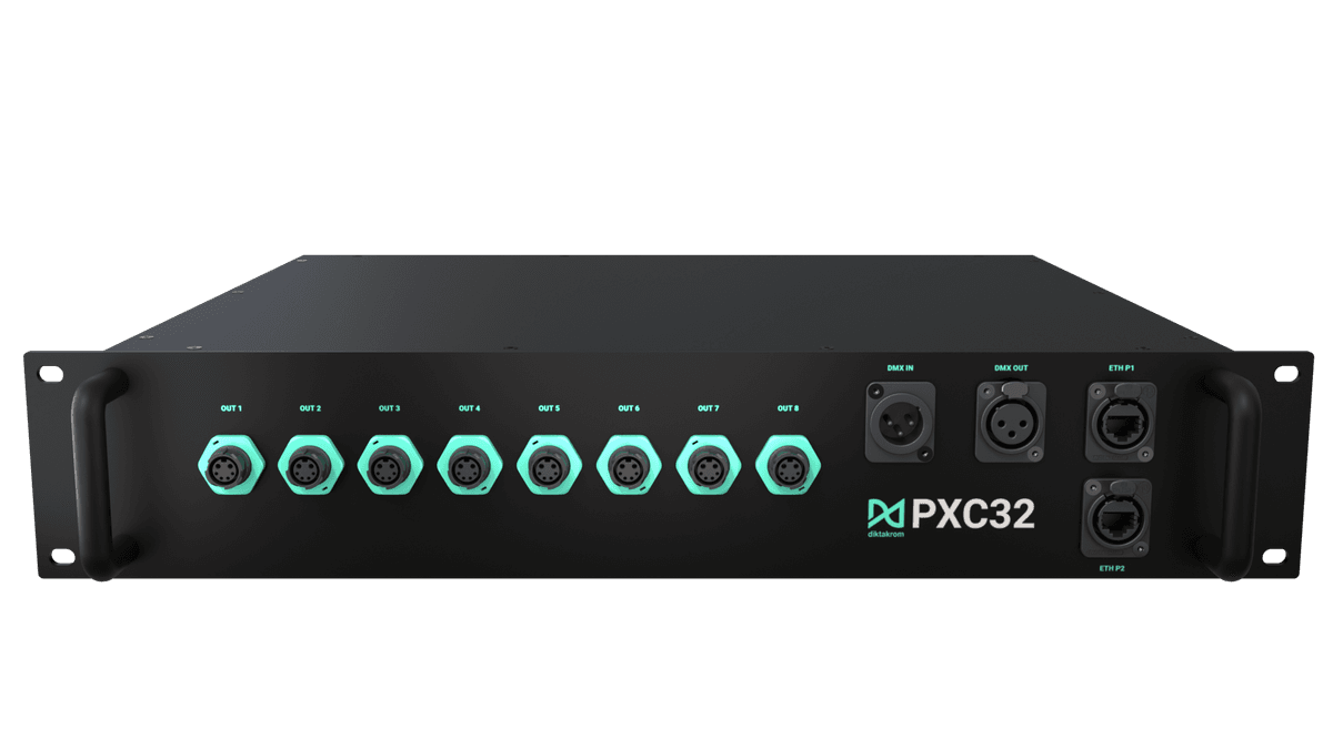diktakrom PXC32 pixel lighting controller front view with 8 outputs and connectivity